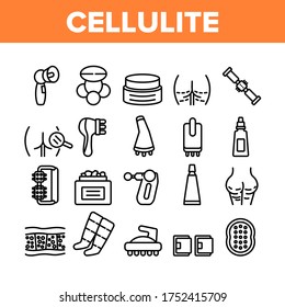 Cellulite Combat Tool Collection Icons Set Vector. Anti-cellulite Cream Cosmetic And Massager Equipment, Cellulite And Fat Research Body Concept Linear Pictograms. Monochrome Contour Illustrations