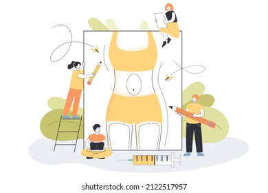 Cellulite treatment and fat reduction by tiny people. Persons preparing body of patient in bikini for liposuction beauty procedure flat vector illustration. Bariatric surgery, abdominoplasty concept