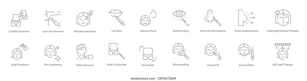 Cellulite Treatment, Laser Hair Removal, Lip Fillers, Vampire Facial, Rhinoplasty, Hyperpigmentation Therapy, and Microneedling Vector Icon Set