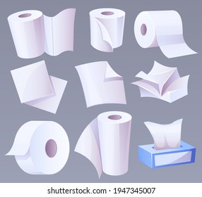 Papel higiénico de producción de celulosa, toalla con perforación, servilletas en caja de cartón, página y rollos desmenuzados. Higiene o accesorios de oficina aislados en fondo gris, ilustración vectorial de dibujos animados, conjunto