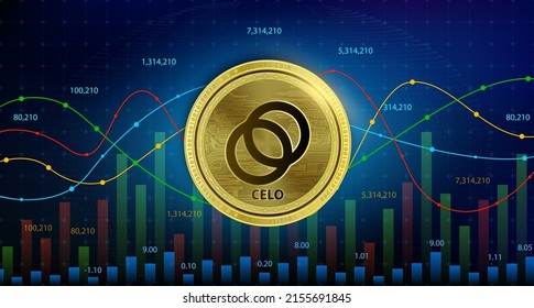 Celo (CELO) coin Cryptocurrency blockchain. Future digital currency replacement technology alternative currency, Silver golden stock chart number up down is background. 3D Vector illustration.