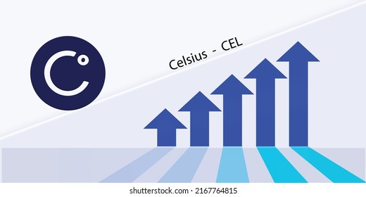 Celsius, CEL cryptocurrency logo with up arrow banner concept. Crypto currency exchange trend shows growth in the graph for celsius coin.  svg