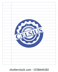 Celsius emblem drawn with pen. Blue ink. Vector Illustration. Detailed.