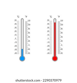 Los grados de termómetro meteorológico Celsius y Fahrenheit se escalan con el índice de temperatura del frío y el calor. Herramientas de medición de la temperatura exterior aisladas sobre fondo blanco. Ilustración plana del vector