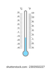 Celsius and Fahrenheit meteorological thermometer degree scale with cold temperature index. Outdoor temperature measuring tool with glass tube isolated on white background. Vector flat illustration