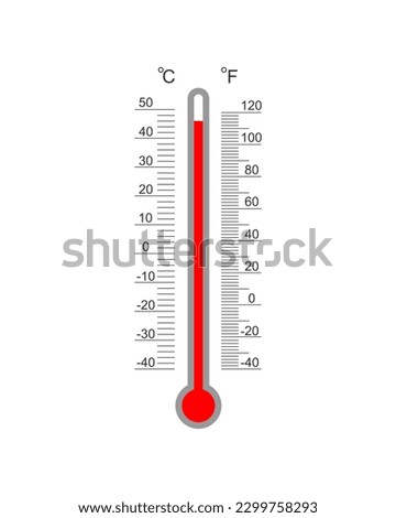 Celsius and Fahrenheit meteorological thermometer degree scale with red hot temperature index. Outdoor temperature measuring tool isolated on white background. Vector flat illustration