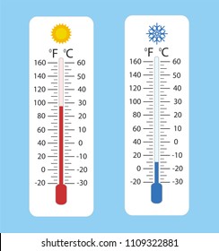 Celsius and fahrenheit meteorology thermometers measuring heat and cold, vector illustration. Thermometer equipment showing hot or cold weather