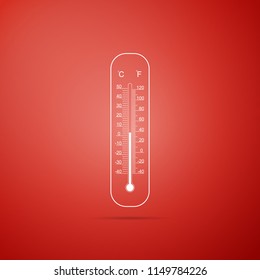 Celsius and fahrenheit meteorology thermometers measuring heat and cold icon isolated on red background. Thermometer equipment showing hot or cold weather. Flat design. Vector Illustration