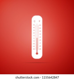 Celsius and fahrenheit meteorology thermometers measuring heat and cold icon isolated on red background. Thermometer equipment showing hot or cold weather. Flat design. Vector Illustration