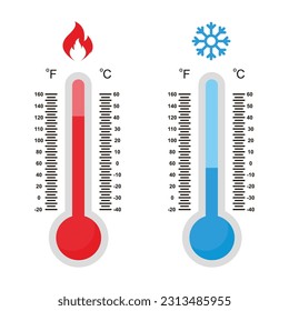 Celsius and fahrenheit meteorology thermometers measuring heat and cold, vector illustration.