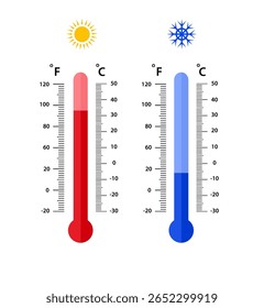 Termômetros de meteorologia Celsius e fahrenheit medindo. calor e frio, ilustração vetorial. Equipamento de termômetro com indicação de tempo quente ou frio