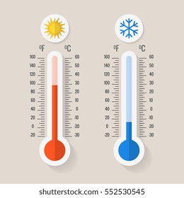 Метеорологические термометры по Цельсию и Фаренгейту измеряют тепло и холод, векторная иллюстрация. Термометр оборудование показывает жаркую или холодную погоду.