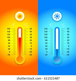 Celsius and fahrenheit meteorology thermometers measuring heat and cold, isolated vector illustration. Thermometer equipment showing hot or cold weather.