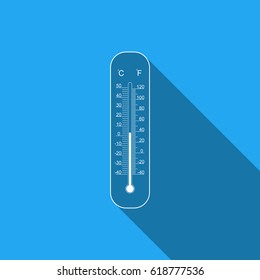 Celsius and fahrenheit meteorology thermometers measuring heat and cold flat icon with long shadow. Thermometer equipment showing hot or cold weather. Vector Illustration