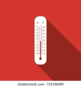 Celsius and fahrenheit meteorology thermometers measuring heat and cold icon isolated with long shadow. Thermometer equipment showing hot or cold weather. Flat design. Vector Illustration