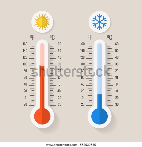 Celsius and fahrenheit meteorology thermometers\
measuring heat and cold, vector illustration. Thermometer equipment\
showing hot or cold\
weather.