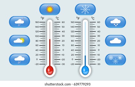 Celsius and fahrenheit meteorology thermometers showing  hot and cold temperature, set of weather icons, indicators template, vector illustration.