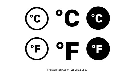 Símbolos de temperatura Celsius (°C) e Fahrenheit (°F), ambos com e sem círculos delimitadores. Ideal para gráficos científicos, educacionais e relacionados ao clima.