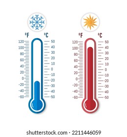 Celsius and Fahrenheit. Thermometer showing hot or cold air. Isolated vector illustration.