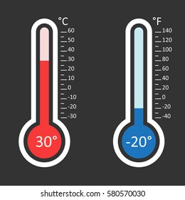 Celsius and Fahrenheit thermometers icon with different levels. Flat vector illustration isolated on black background.