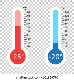 Celsius and Fahrenheit thermometers icon with different levels. Flat vector illustration on isolated background.