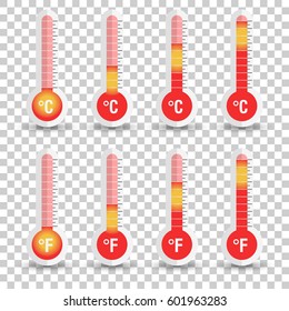 Celsius and Fahrenheit thermometers icon with different levels. Flat vector illustration isolated on isolated background.
