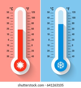 Celsius and Fahrenheit thermometers measuring heat and cold temperature, meteorology equipment, vector illustration.