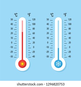 Celsius and Fahrenheit thermometers. Thermometer equipment showing hot or cold weather - stock vector