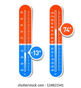 Celsius and Fahrenheit thermometers. Vector.