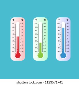 Celsius and Fahrenheit thermometers. Vector, Celsius and fahrenheit meteorology thermometers measuring heat and cold