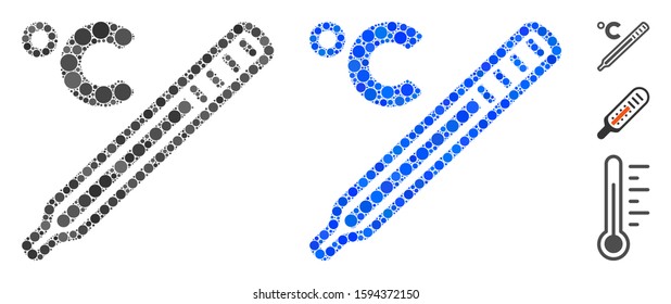 Celsius mercury thermometer composition of circle elements in various sizes and color hues, based on celsius mercury thermometer icon. Vector circle elements are composed into blue collage.