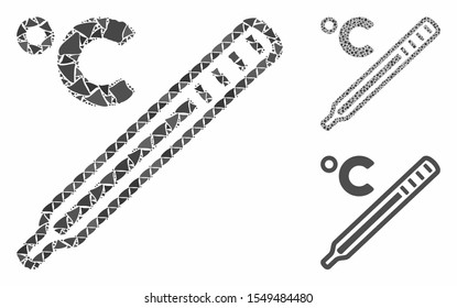 Celsius mercury thermometer mosaic of raggy elements in different sizes and color tints, based on celsius mercury thermometer icon. Vector unequal elements are combined into collage.