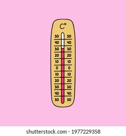 Celsius meteorology thermometer measuring heat and cold, vector illustration. Thermometer equipment showing hot or cold weather. Cute hand drawn clipart with hand drawn outline isolated on background.