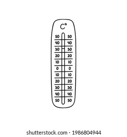 Celsius meteorology thermometer measuring heat and cold, vector illustration. Thermometer equipment showing hot or cold weather. Cute hand drawn doodle with hand drawn outline isolated on background.