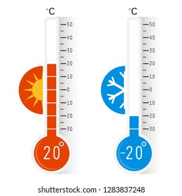 Celsius meteorology thermometers measuring heat and cold, vector illustration. Thermometer. Hot, cold. Thermometer equipment showing hot or cold weather.