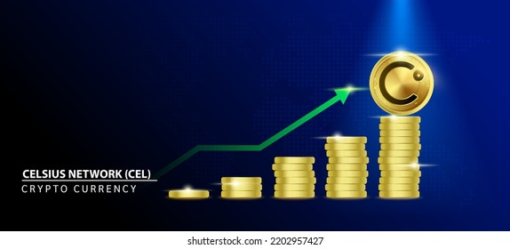 Celsius Network (CEL) Coin crypto on blue background. Stablecoin blockchain token price increase from pile of gold coins.There is space to enter message. Nice for cryptocurrency digital money concept.