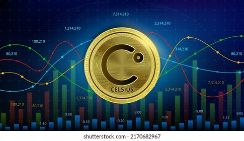 Celsius Network (CEL) coin Cryptocurrency blockchain. Future digital currency replacement technology alternative currency, Silver golden stock chart number up down is background 3D Vector illustration