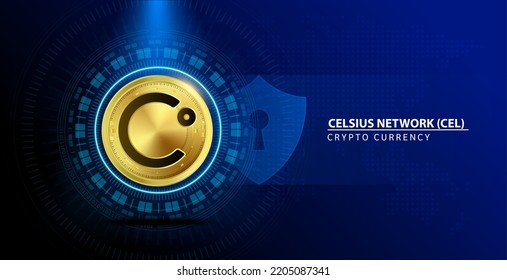 Celsius Network (CEL) Münzgold. Kryptowährungsblockkette. Zukünftiges Konzept der digitalen (Krypto-Währung) Währungsumtauschtechnologie. Auf blauem Hintergrund. 3D-Vektorgrafik.