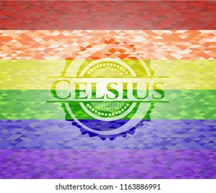 Celsius on mosaic background with the colors of the LGBT flag
