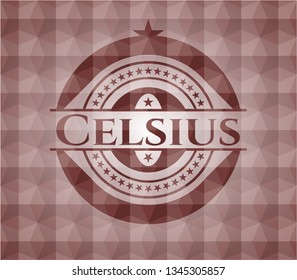 Celsius red emblem or badge with geometric pattern background. Seamless.