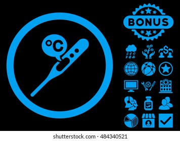 Celsius Temperature icon with bonus images. Vector illustration style is flat iconic symbols, blue color, black background.