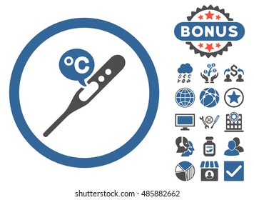 Celsius Temperature icon with bonus pictogram. Vector illustration style is flat iconic bicolor symbols, cobalt and gray colors, white background.