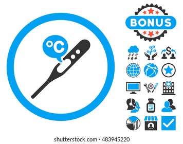 Celsius Temperature icon with bonus pictures. Vector illustration style is flat iconic bicolor symbols, blue and gray colors, white background.