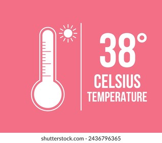 38° Celsius temperature. Vector 38 degrees, hot weather concept. Thermometer measuring thermal sensation