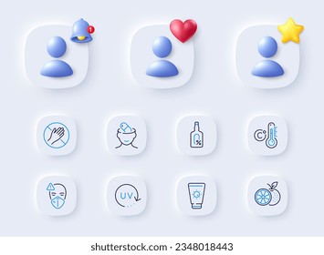 Celsius thermometer, Sunscreen and Depression treatment line icons. Placeholder with 3d bell, star, heart. Pack of Uv protection, Medical mask, Orange icon. Alcohol free, Dont touch pictogram. Vector