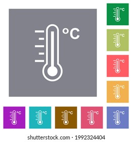 Celsius thermometer warm temperature flat icons on simple color square backgrounds