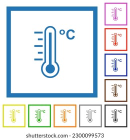 Celsius thermometer warm temperature flat color icons in square frames on white background