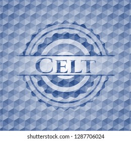 Celt blue emblem with geometric pattern background.
