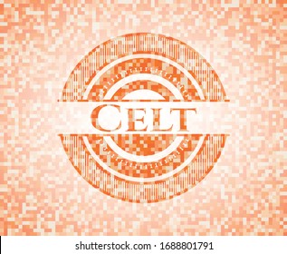 Gürtelförmige, orangefarbene Kachelhintergrund. Quadratisches geometrisches Mosaik nahtloses Muster mit Emblem im Inneren.