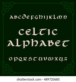 Celtic alphabet font. Distressed letters and knot frame. Vector typography for your design.